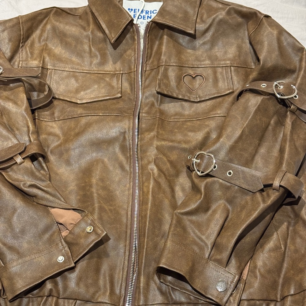 NWT Aelfric Eden Brown Leather Jacket with Heart Detail